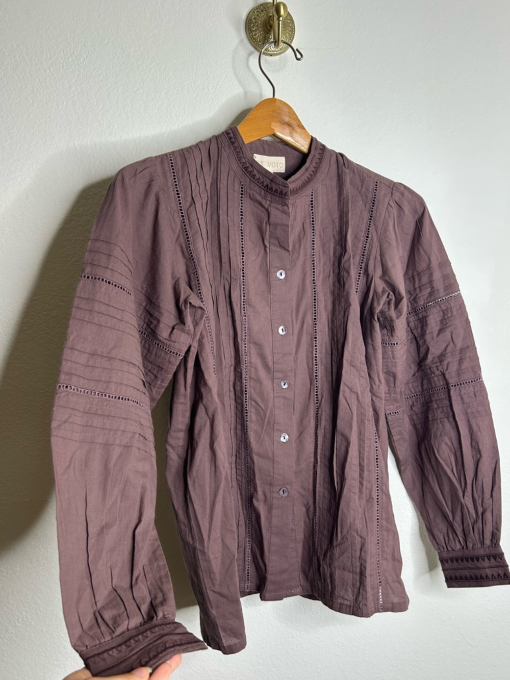 NWT Ex - Voto 100% Cotton Plum Brown Long Sleeve Olivia Button Down Blouse
